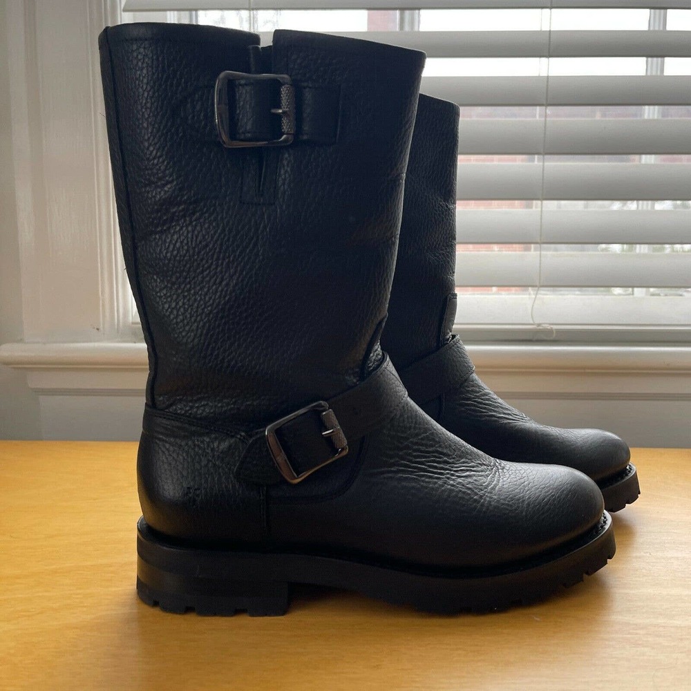 Frye Natalie Mid Engineer Lug Boot Womens 6 Black Shearling Lined Motorcycle